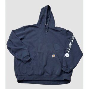 CARHARTT Men's Authentic Hooded Sweatshirt Signature Sleeve Logo Navy Hoodie 2XL